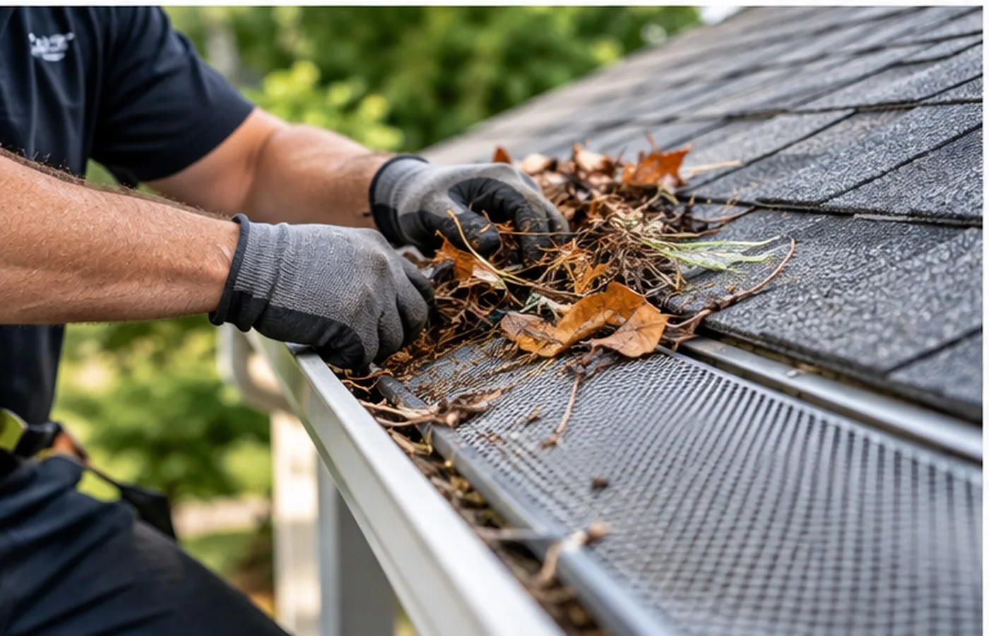 Gutter guard cleaning on a residential roof